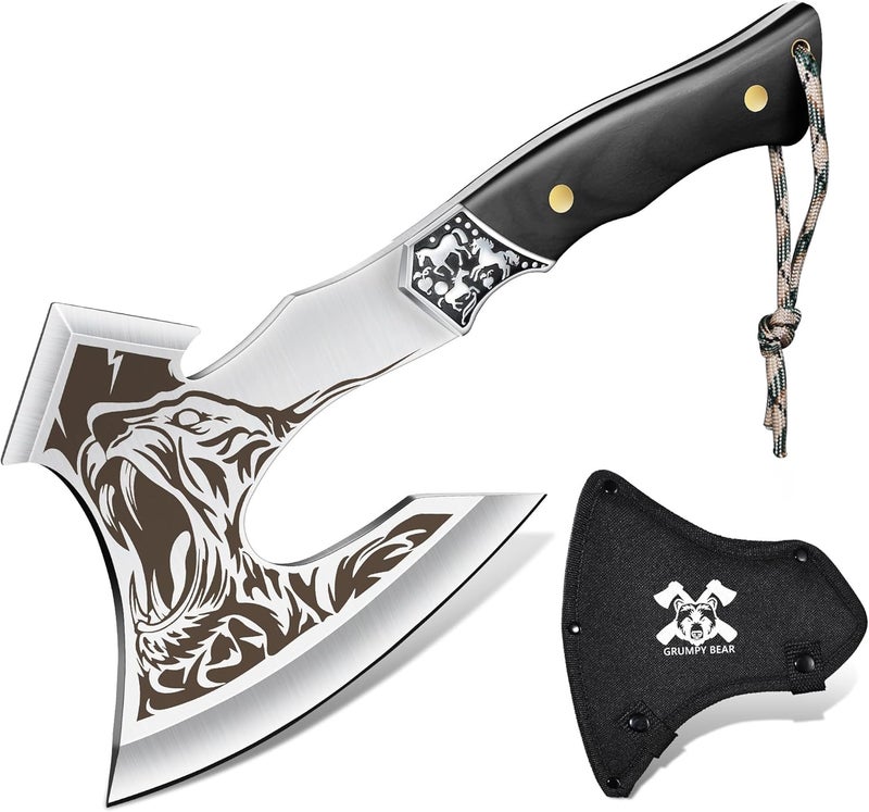 GRUMPY BEAR Camping Hatchet with Tiger Carving, Full Tang Outdoor Axe with Decorative Handle, Durable Forged Blade for Hiking, Bushcraft, and Survival - Image 1